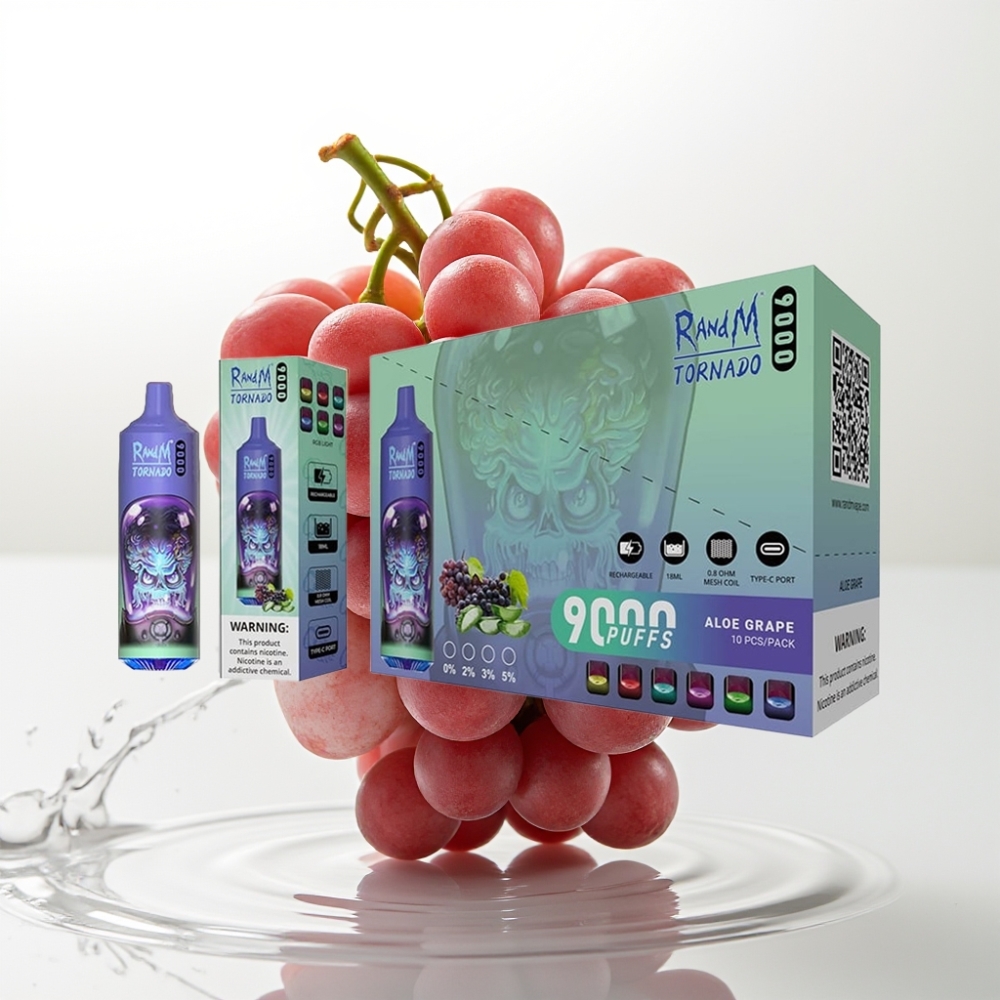 RandM Tornado 9000 Puffs Disposable Vape Aloe Grape - 18mL, Mesh Coil, Display RGB