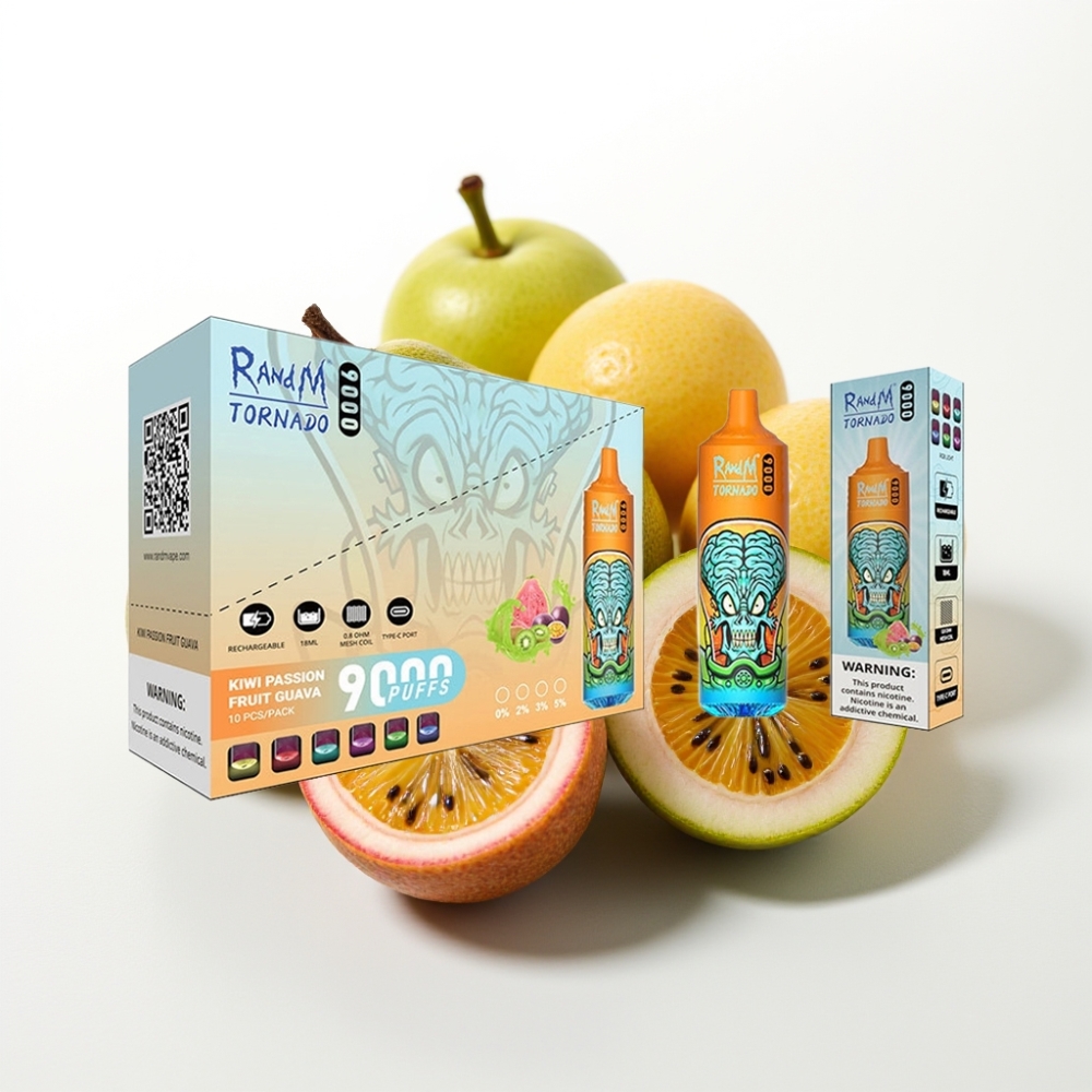 RandM Tornado 9000 Puffs Disposable Vape Kiwi Frutto della Passione Guava - 18mL, Mesh Coil, Display RGB